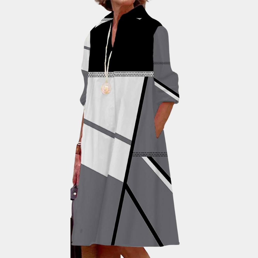 Women's Dress - A-line Fit - V-neck - 3/4 Sleeves - Geometric Pattern - Knee-length