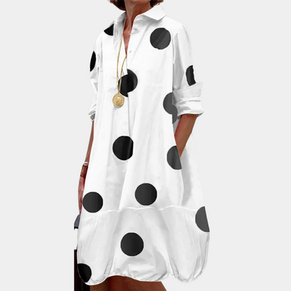 Women's Dress - A-line Fit - V-neck - 3/4 Sleeves - Geometric Pattern - Knee-length