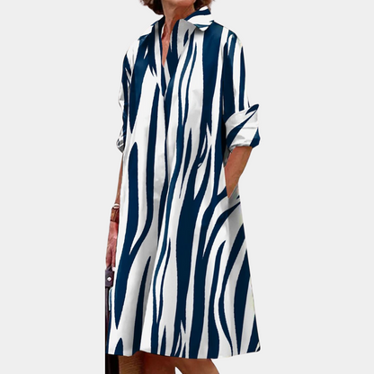 Women's Dress - A-line Fit - V-neck - 3/4 Sleeves - Geometric Pattern - Knee-length