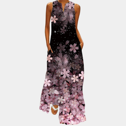 Women's Maxi Dress - Sleeveless - Loose Fit - Graphic Print - Elegant Ankle Length