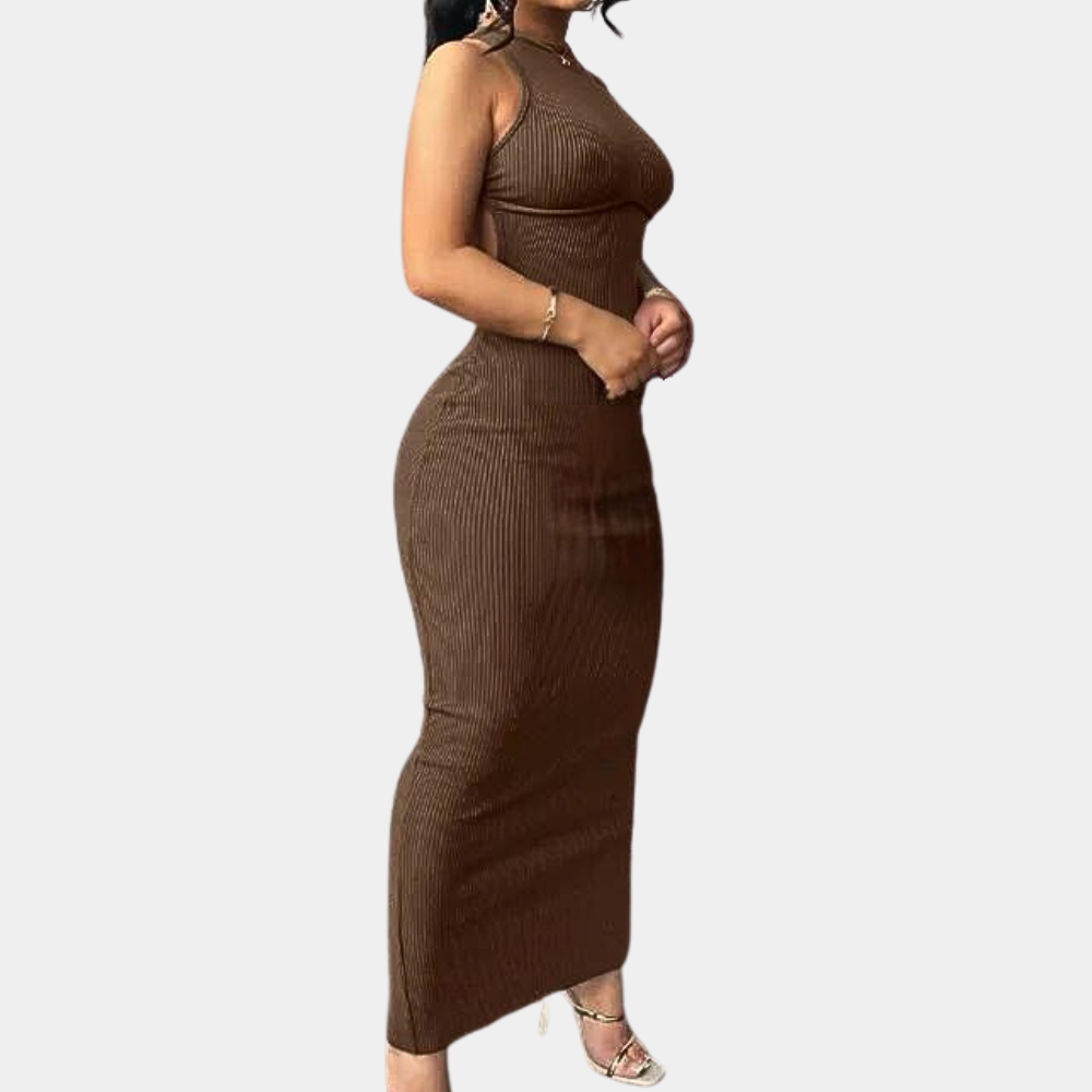 Women's Maxi Dress - Sleeveless Rib Knit - Tailored with High Neck - Elegant & Comfortable