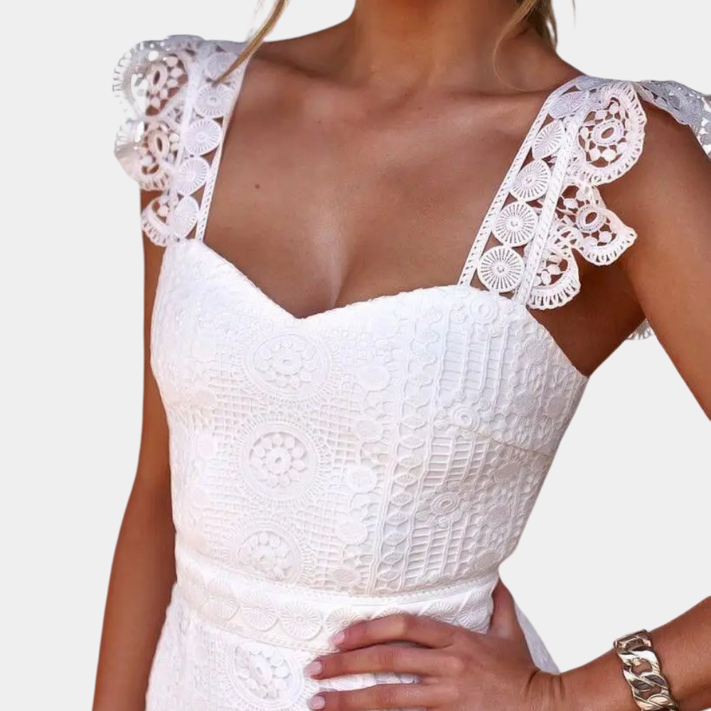 Women's Dress - Fitted Cut - Lace & Ruffle Details - High-Low Hem - Elegant Party Look