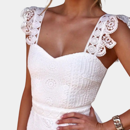 Women's Dress - Fitted Cut - Lace & Ruffle Details - High-Low Hem - Elegant Party Look