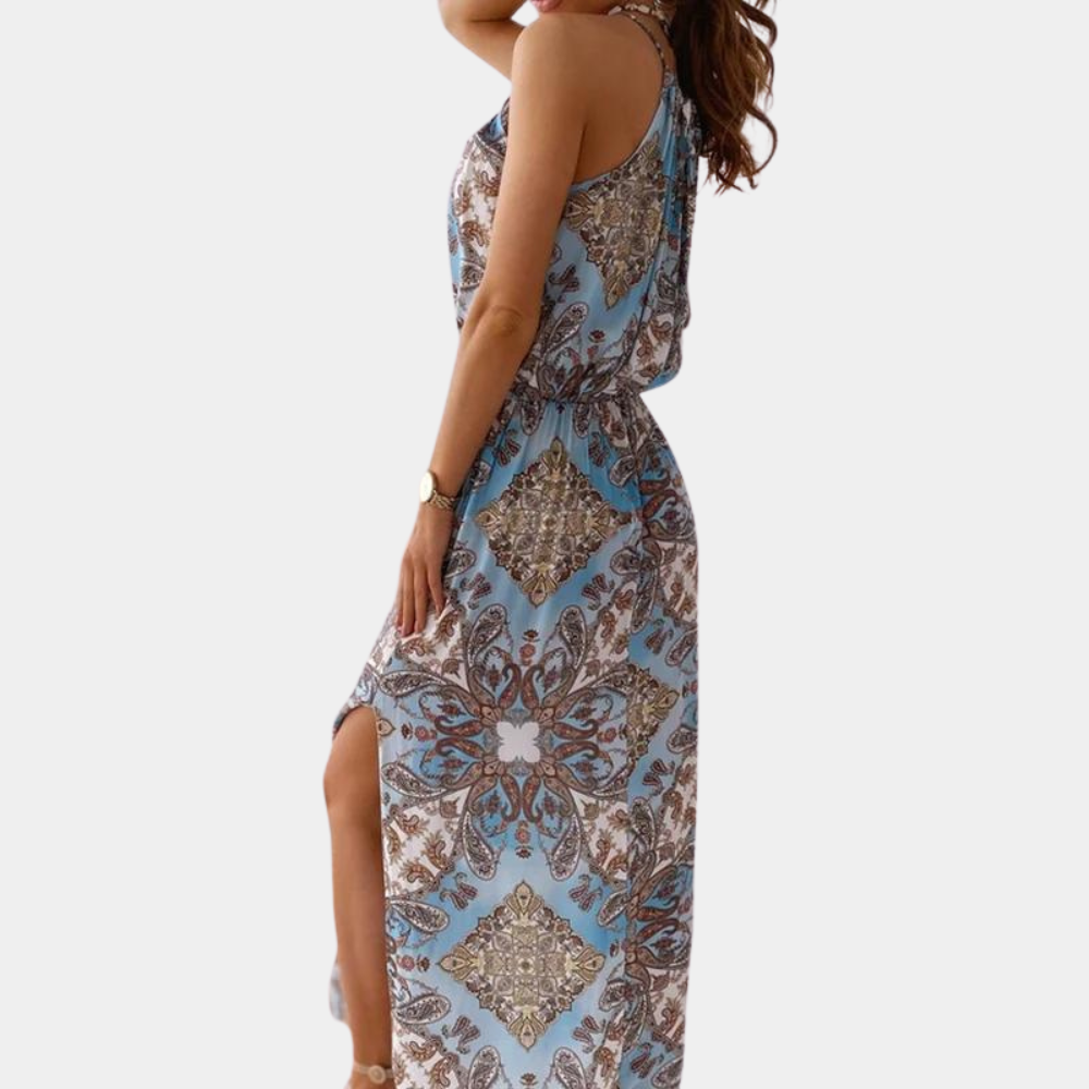 Women's Maxi Dress - Halterneck - Elastic Waist - Side Slit - Light and Elegant