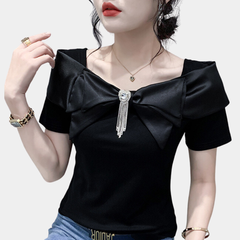 Women's Blouse - Tailored Fit - Short Sleeves - With Large Bow and Decorative Jewel