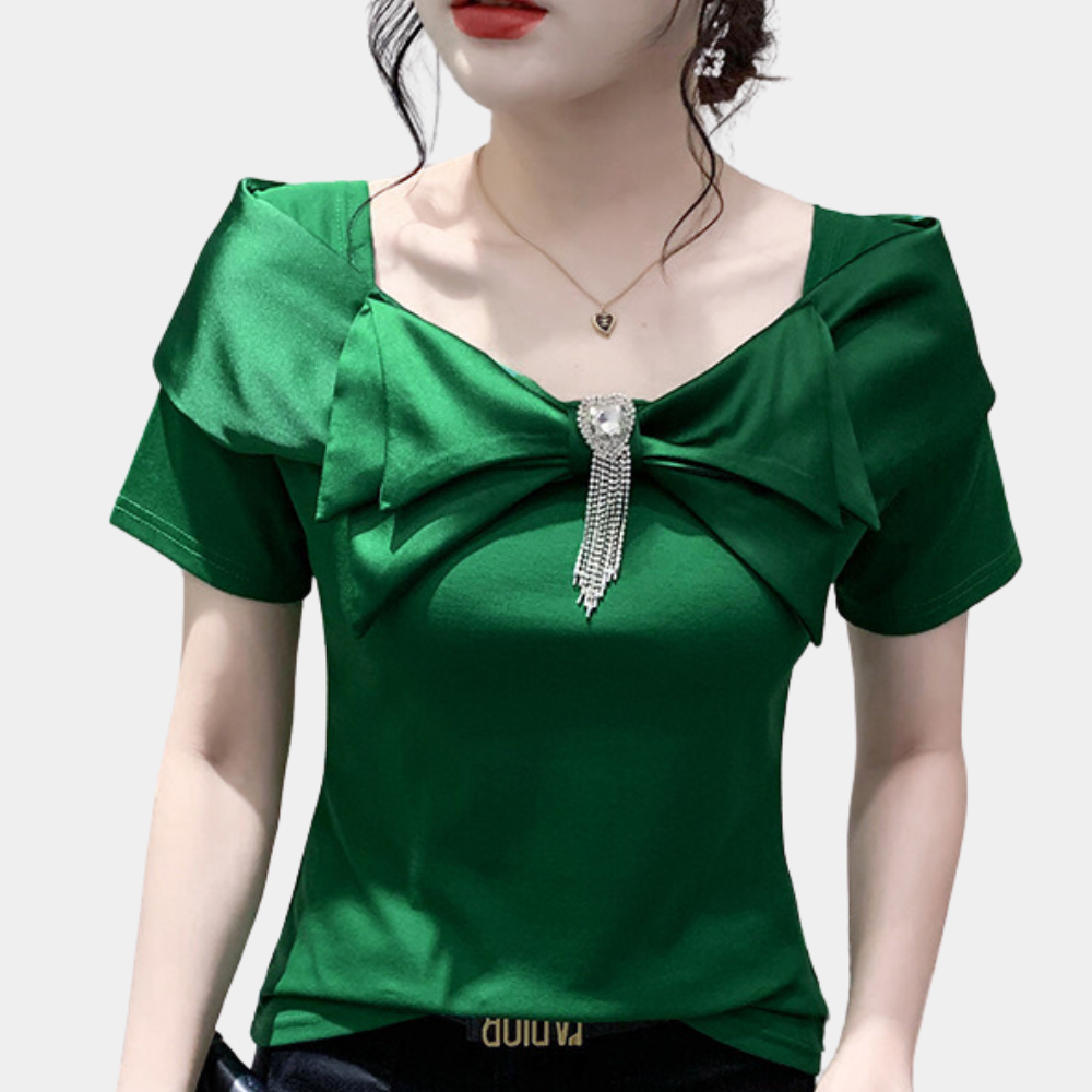 Women's Blouse - Tailored Fit - Short Sleeves - With Large Bow and Decorative Jewel