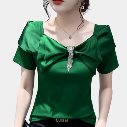 Women's Blouse - Tailored Fit - Short Sleeves - With Large Bow and Decorative Jewel