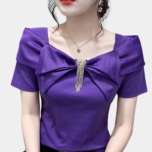 Women's Blouse - Tailored Fit - Short Sleeves - With Large Bow and Decorative Jewel