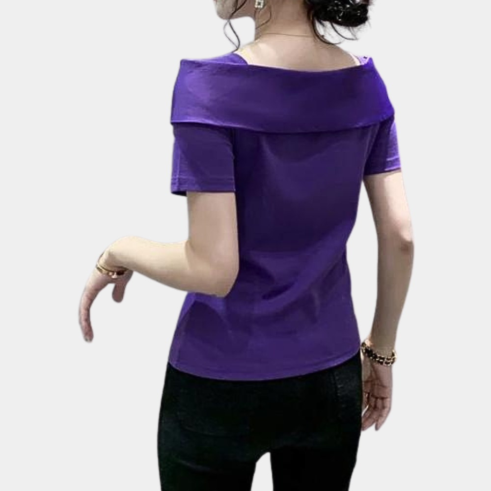 Women's Blouse - Tailored Fit - Short Sleeves - With Large Bow and Decorative Jewel