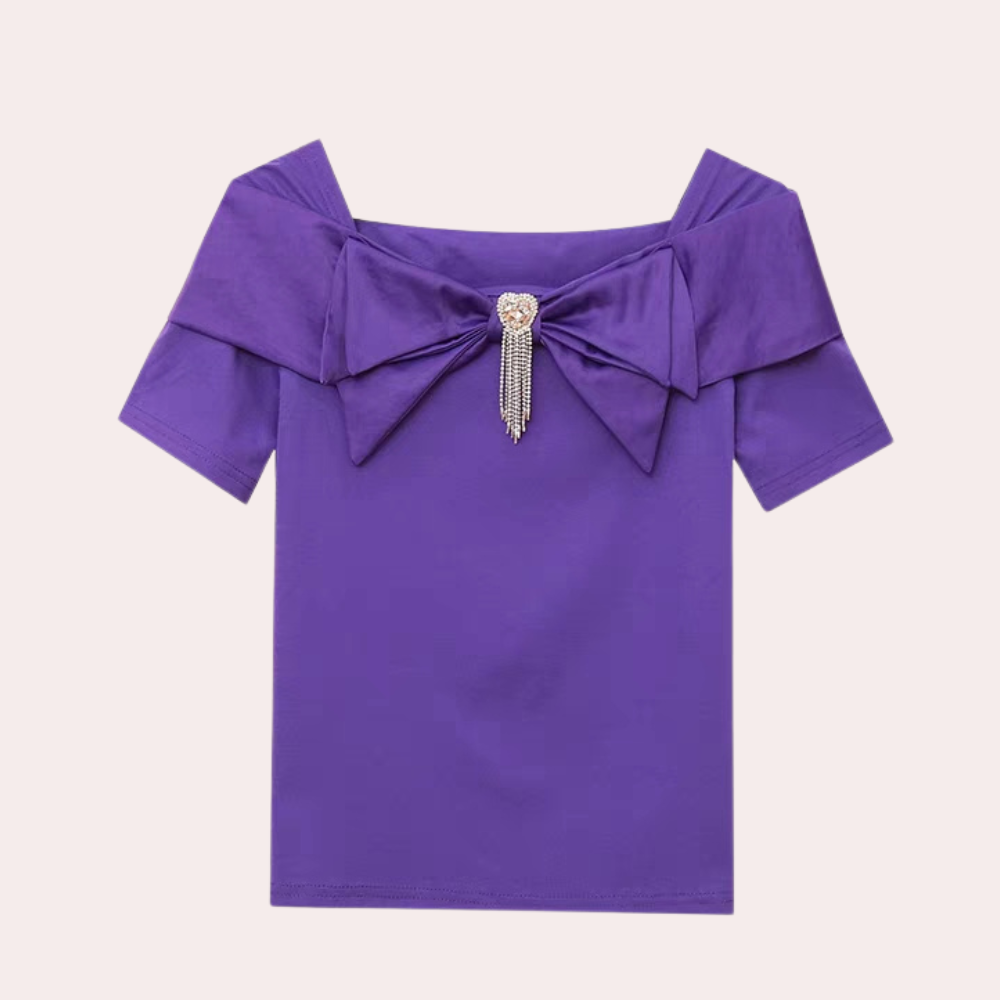 Women's Blouse - Tailored Fit - Short Sleeves - With Large Bow and Decorative Jewel