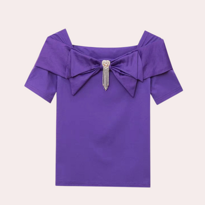 Women's Blouse - Tailored Fit - Short Sleeves - With Large Bow and Decorative Jewel
