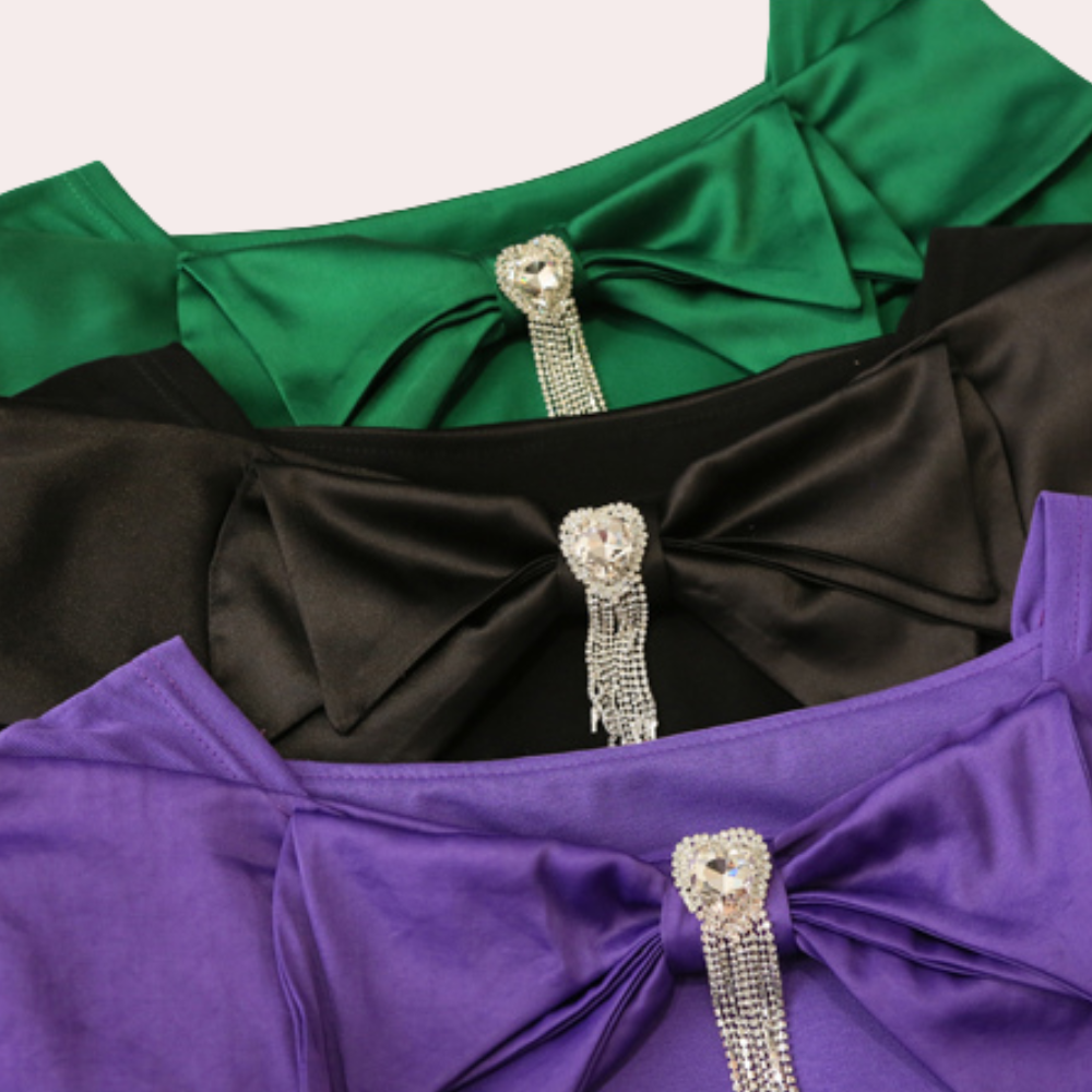 Women's Blouse - Tailored Fit - Short Sleeves - With Large Bow and Decorative Jewel
