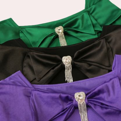 Women's Blouse - Tailored Fit - Short Sleeves - With Large Bow and Decorative Jewel