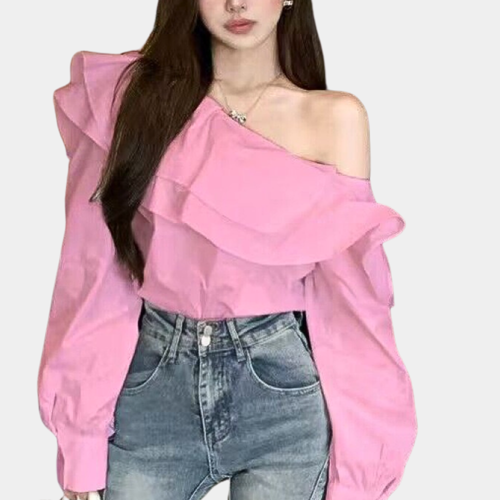 Women's Blouse - Off-Shoulder Design - Ruffle Details - Long Sleeves - Trendy Look