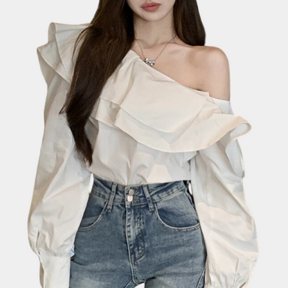 Women's Blouse - Off-Shoulder Design - Ruffle Details - Long Sleeves - Trendy Look