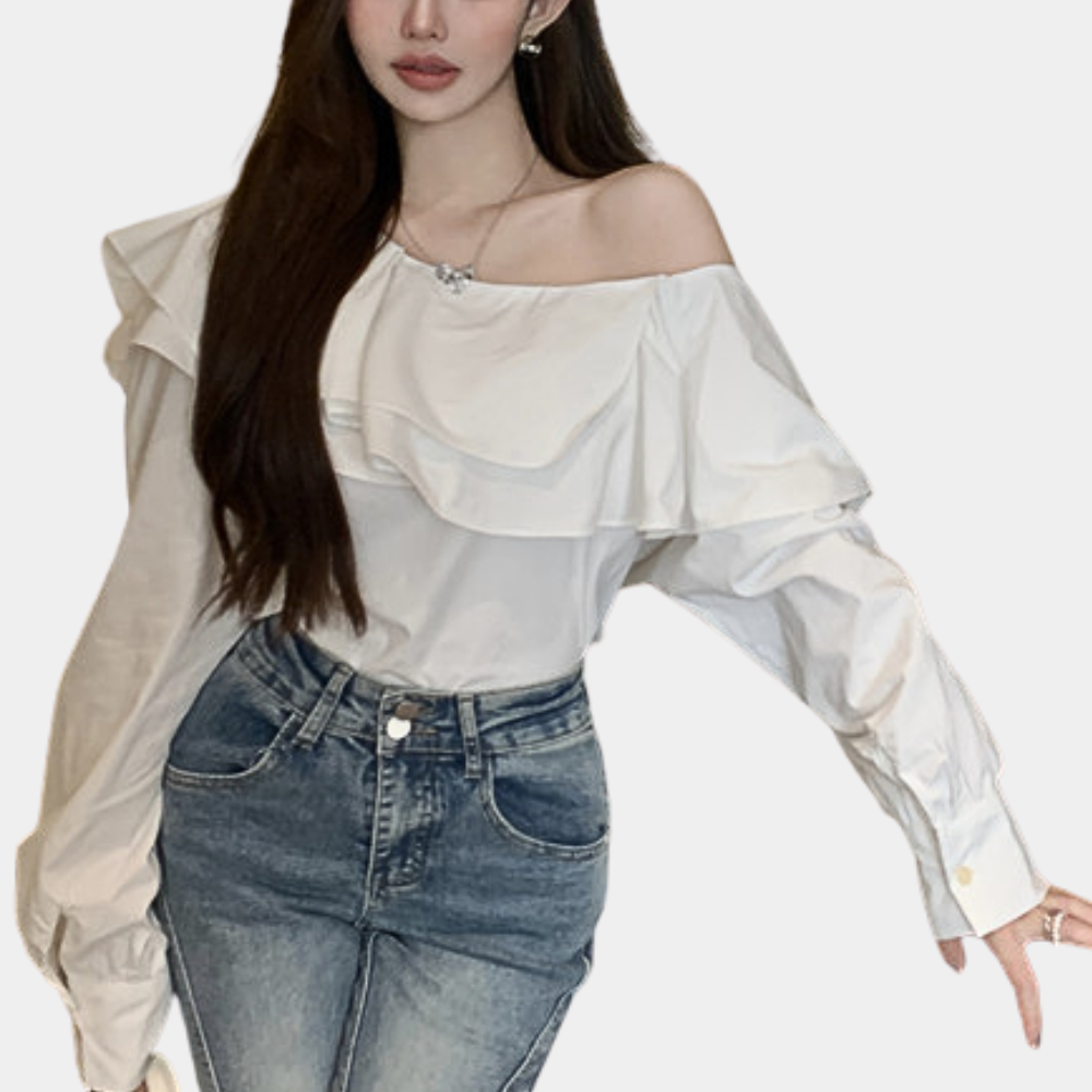 Women's Blouse - Off-Shoulder Design - Ruffle Details - Long Sleeves - Trendy Look