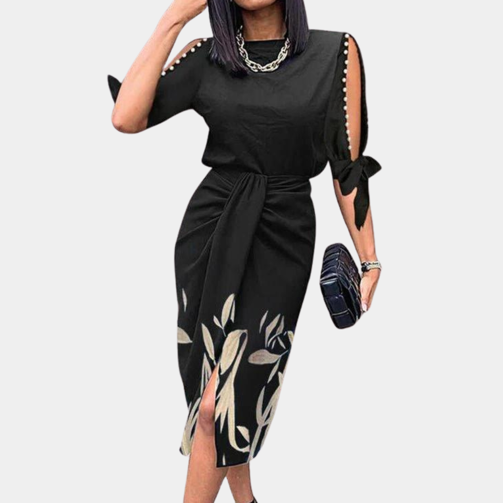 Women's Midi Dress - Tailored with Button Details - Slit and Tie Belt - Elegant Design
