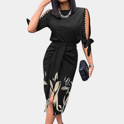 Women's Midi Dress - Tailored with Button Details - Slit and Tie Belt - Elegant Design