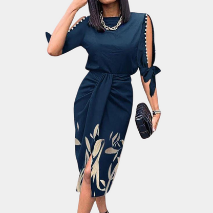 Women's Midi Dress - Tailored with Button Details - Slit and Tie Belt - Elegant Design