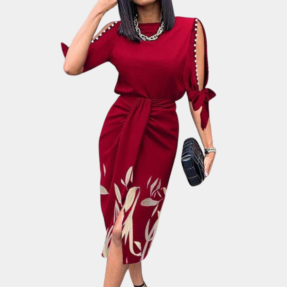 Women's Midi Dress - Tailored with Button Details - Slit and Tie Belt - Elegant Design