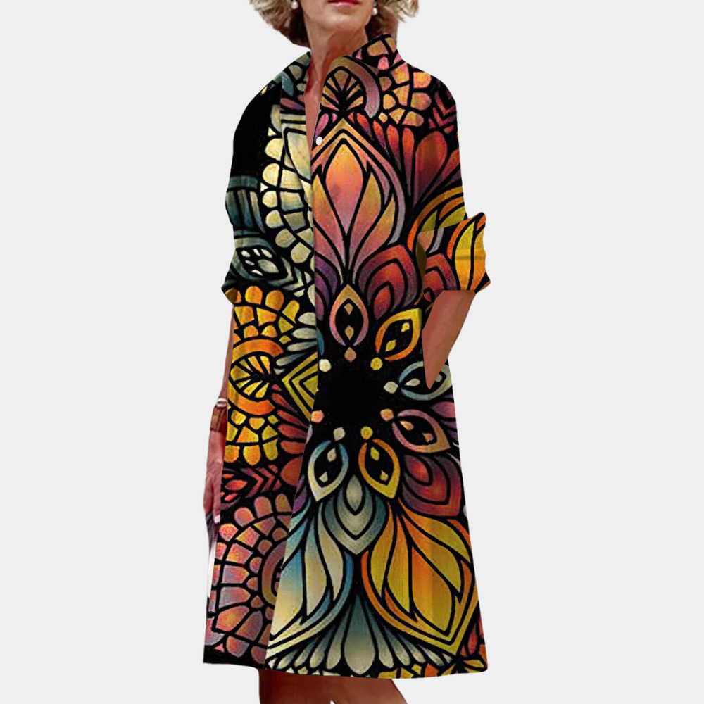 Women's Dress - Abstract Pattern - High Collar - 3/4 Sleeves - Loose Fit - Knee Length