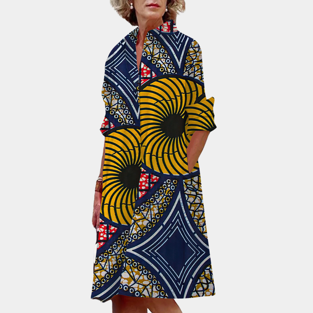 Women's Dress - Abstract Pattern - High Collar - 3/4 Sleeves - Loose Fit - Knee Length