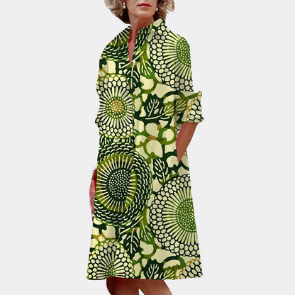 Women's Dress - Abstract Pattern - High Collar - 3/4 Sleeves - Loose Fit - Knee Length