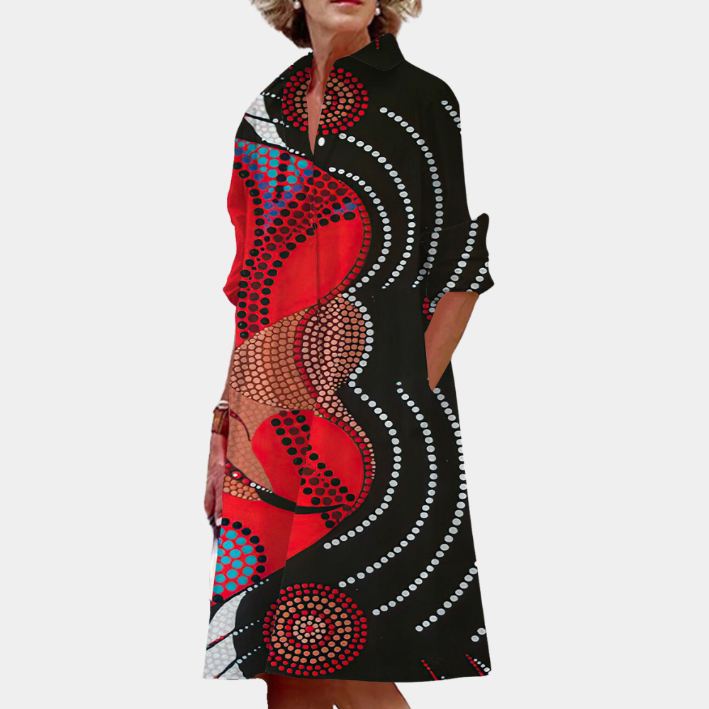 Women's Dress - Abstract Pattern - High Collar - 3/4 Sleeves - Loose Fit - Knee Length