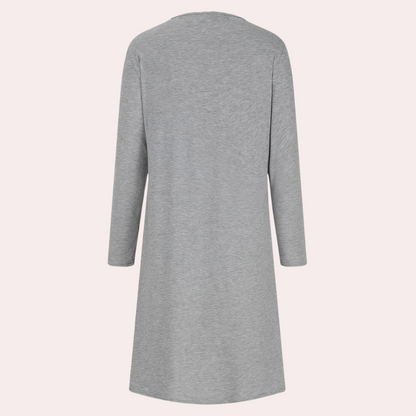 Women's Dress - Asymmetric Design - V-Neck - A-Line - Button Details - Long Sleeves