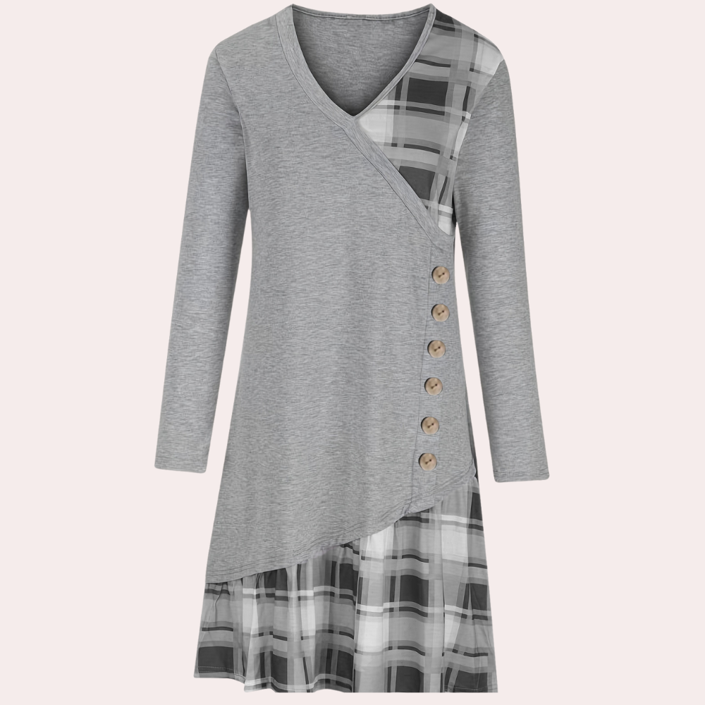 Women's Dress - Asymmetric Design - V-Neck - A-Line - Button Details - Long Sleeves