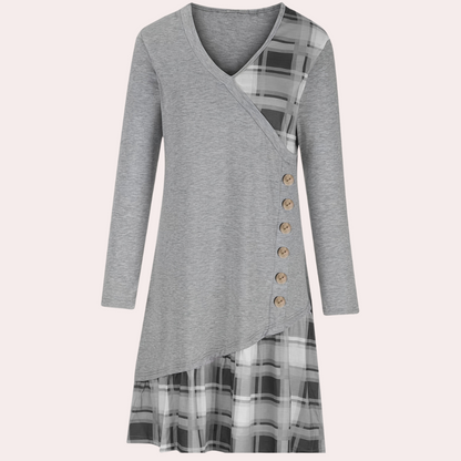 Women's Dress - Asymmetric Design - V-Neck - A-Line - Button Details - Long Sleeves
