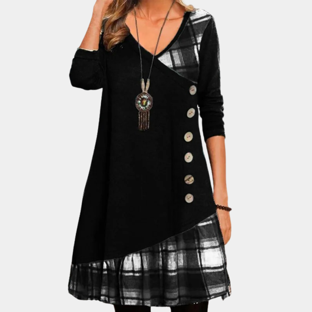 Women's Dress - Asymmetric Design - V-Neck - A-Line - Button Details - Long Sleeves