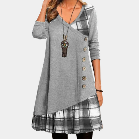 Women's Dress - Asymmetric Design - V-Neck - A-Line - Button Details - Long Sleeves