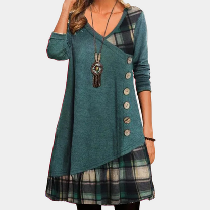 Women's Dress - Asymmetric Design - V-Neck - A-Line - Button Details - Long Sleeves