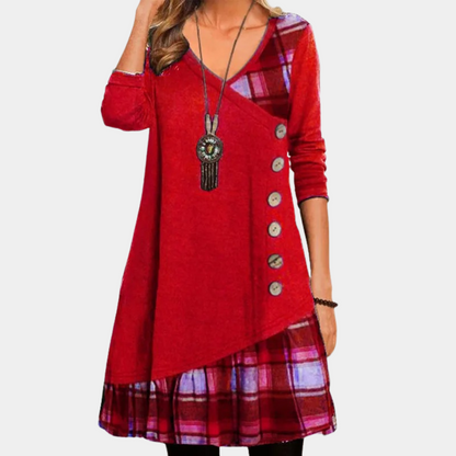 Women's Dress - Asymmetric Design - V-Neck - A-Line - Button Details - Long Sleeves