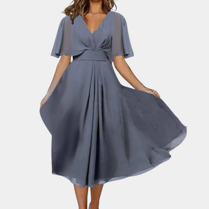 Women's Dress - V-Neck - Short Ruffled Sleeves - Fitted Waist - Midi Length - Elegant Cut