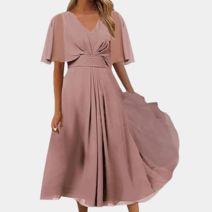 Women's Dress - V-Neck - Short Ruffled Sleeves - Fitted Waist - Midi Length - Elegant Cut