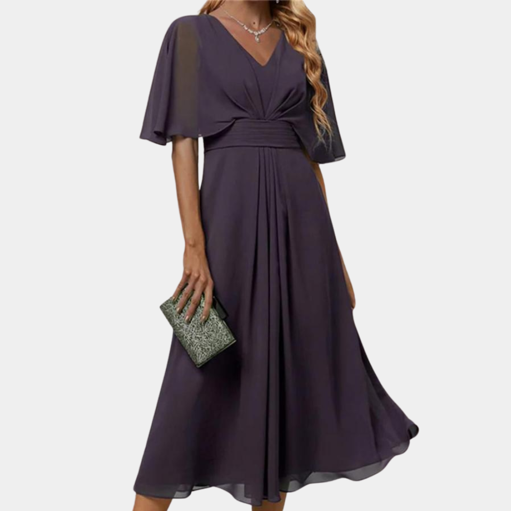 Women's Dress - V-Neck - Short Ruffled Sleeves - Fitted Waist - Midi Length - Elegant Cut