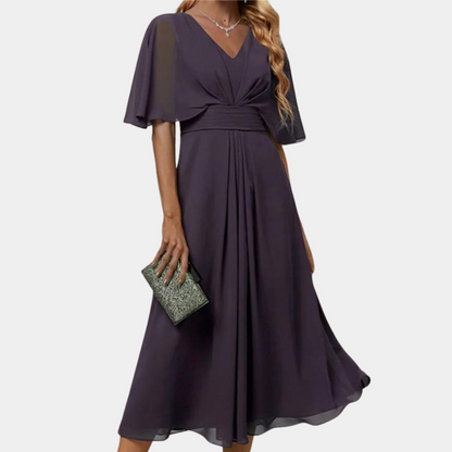 Women's Dress - V-Neck - Short Ruffled Sleeves - Fitted Waist - Midi Length - Elegant Cut