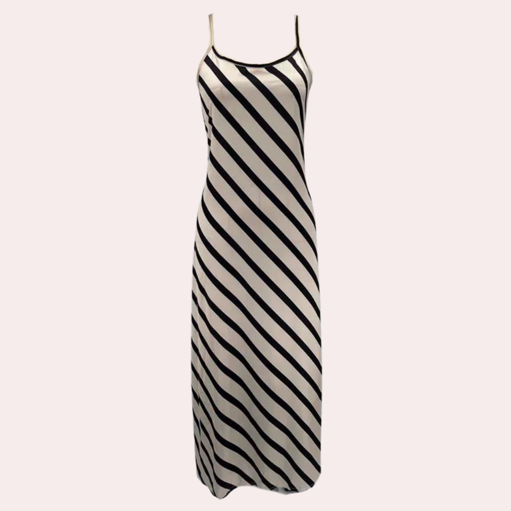 Women's Slip Dress - Long Elegant Fit - Silk/Satin - Spaghetti Straps - Striped