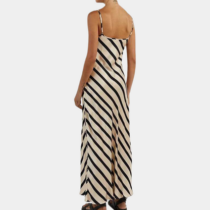 Women's Slip Dress - Long Elegant Fit - Silk/Satin - Spaghetti Straps - Striped