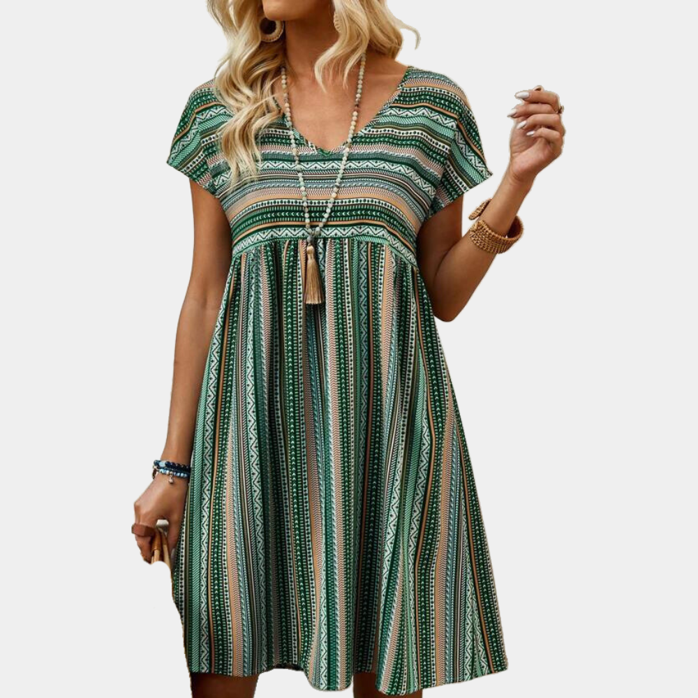 Women's Dress - Relaxed Fit - V-neck - Knee-length - Short Sleeves - Striped Pattern