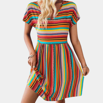 Women's Dress - Relaxed Fit - V-neck - Knee-length - Short Sleeves - Striped Pattern