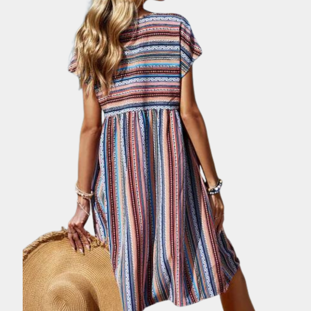 Women's Dress - Relaxed Fit - V-neck - Knee-length - Short Sleeves - Striped Pattern