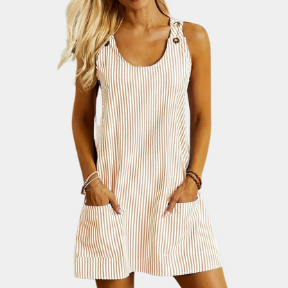 Women's Dress - Sleeveless A-line - Button Details & Pockets - Light and Breathable