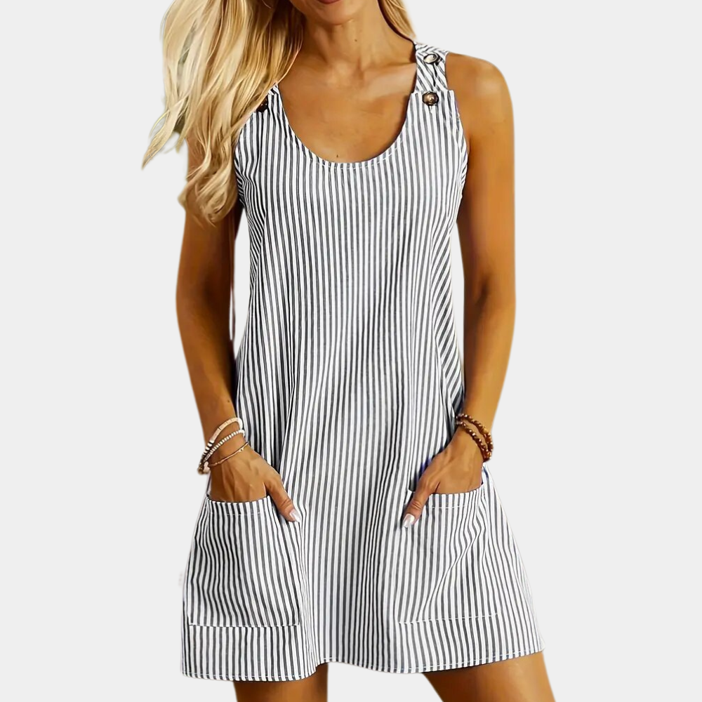 Women's Dress - Sleeveless A-line - Button Details & Pockets - Light and Breathable