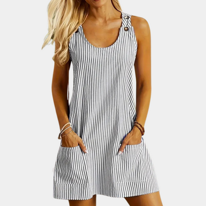 Women's Dress - Sleeveless A-line - Button Details & Pockets - Light and Breathable