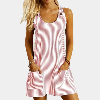 Women's Dress - Sleeveless A-line - Button Details & Pockets - Light and Breathable