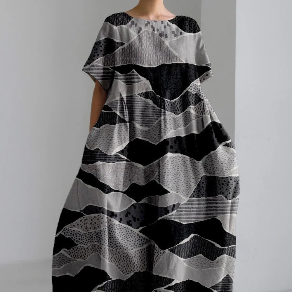 Women's Maxi Dress - Loose Fit - Long Sleeves - Round Neck - Floral Design