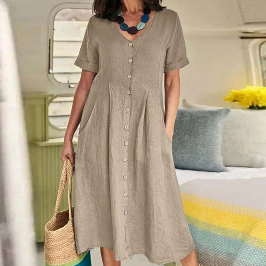 Women's Midi Dress - Button Closure - V-Neck - Short Sleeve - Loose Fit - With Side Pockets